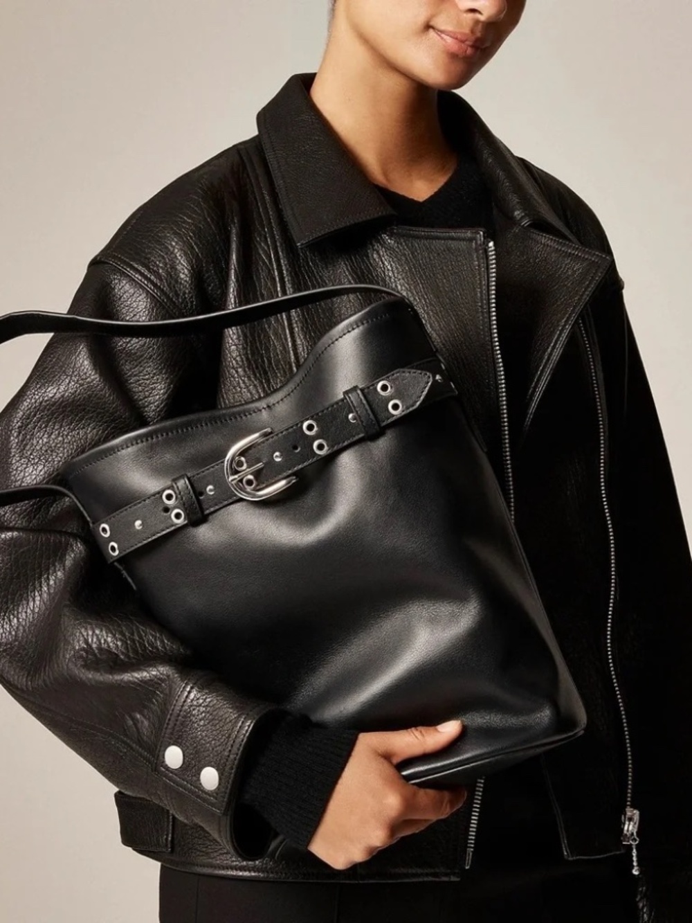 Berkeley belted bucket bag in studded leather
